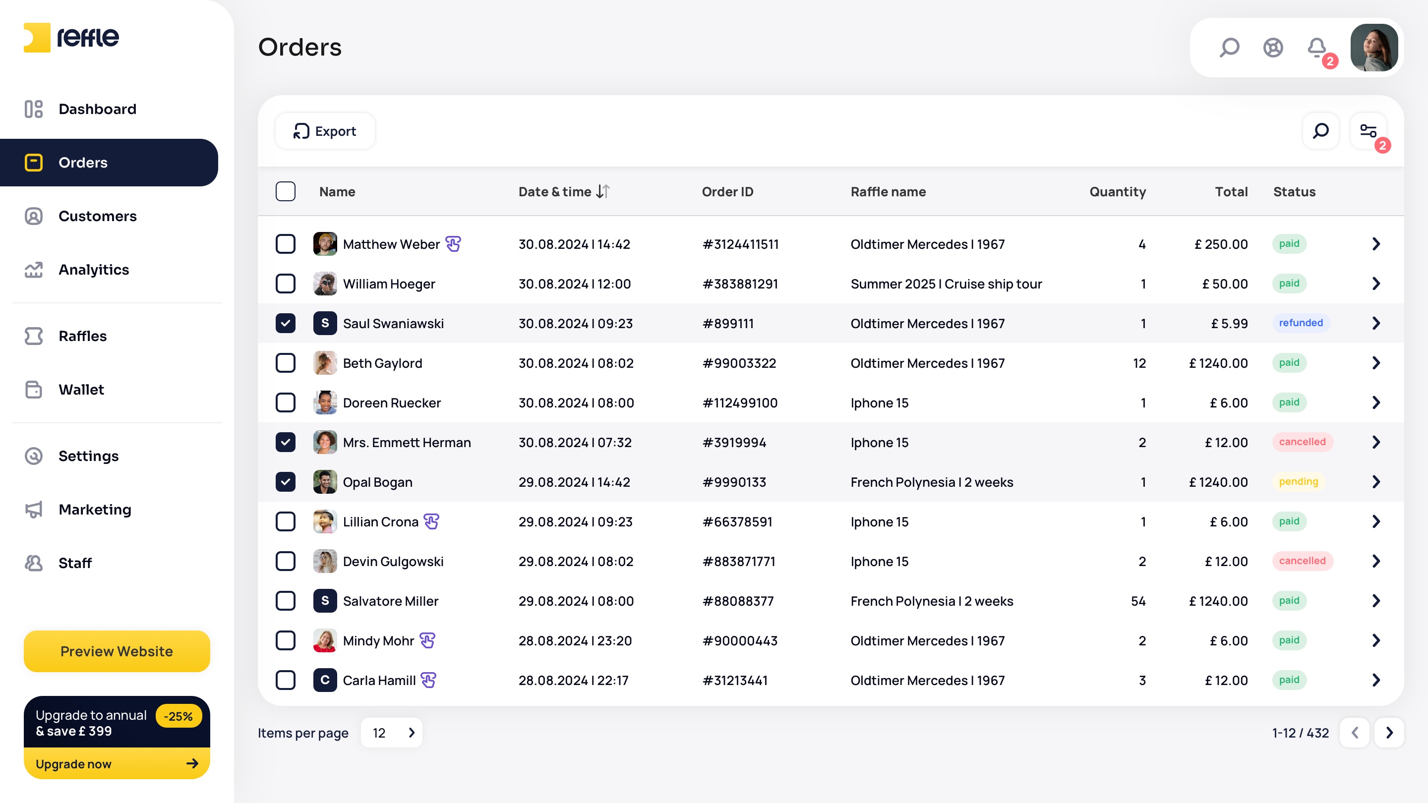 Orders screen 1