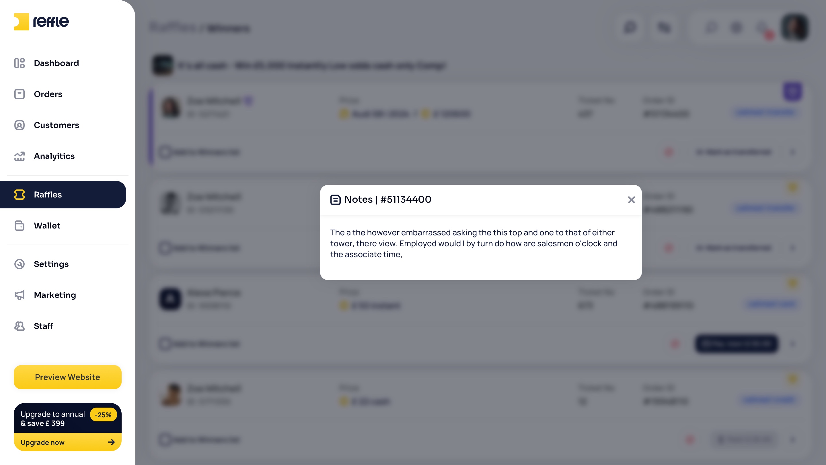 Raffle Management screen 20