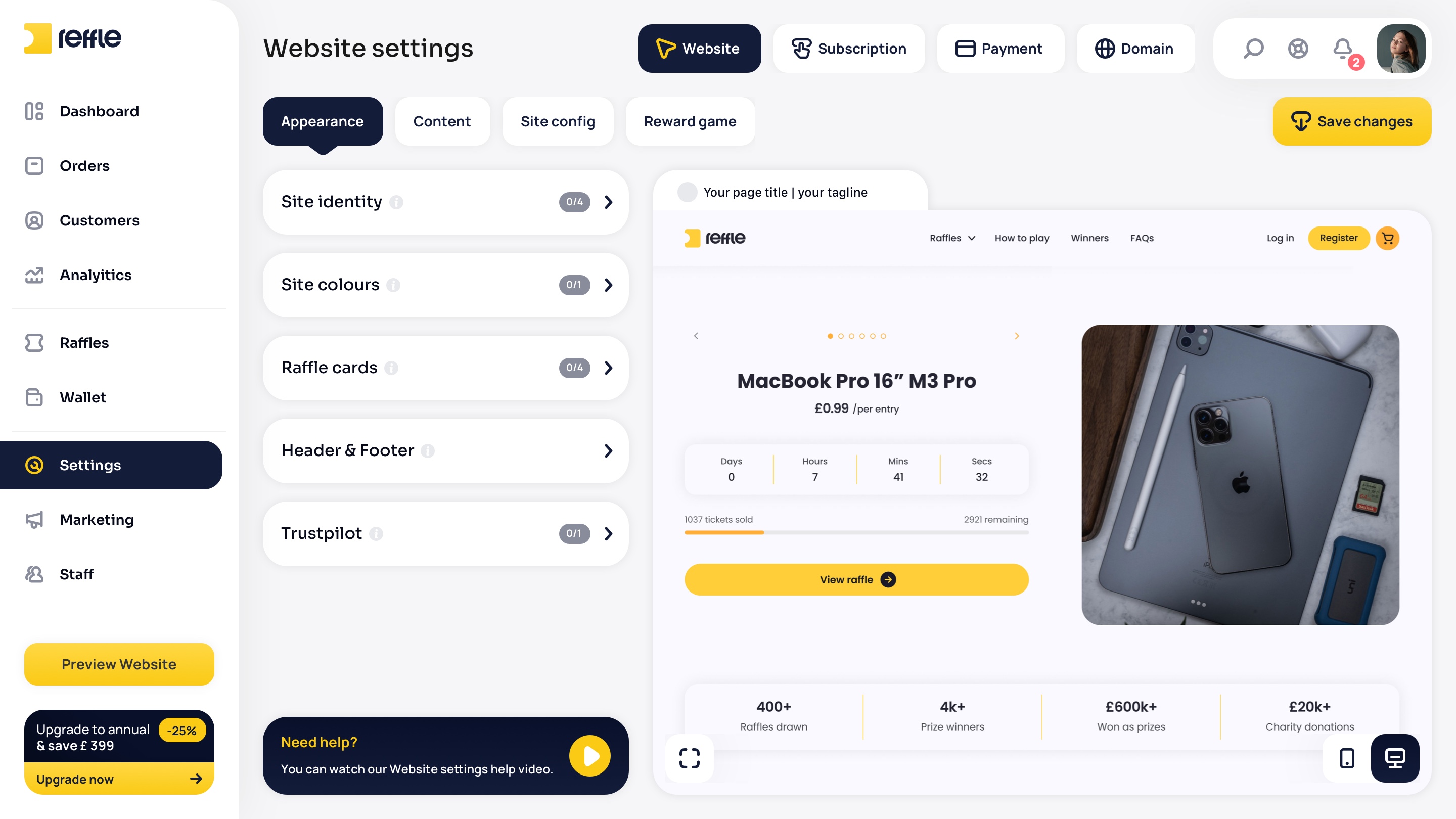 Website Settings screen 1