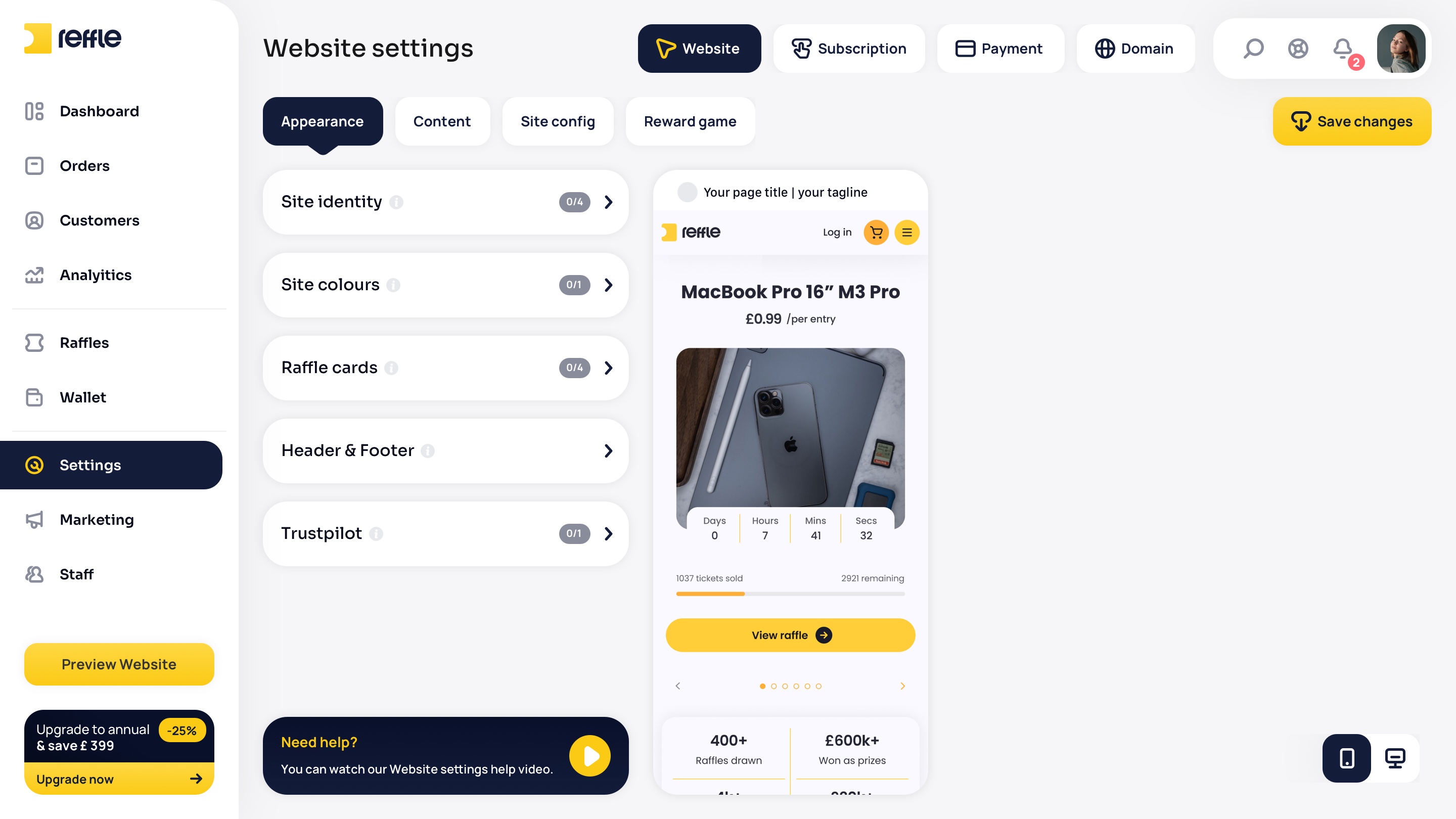 Website Settings screen 2