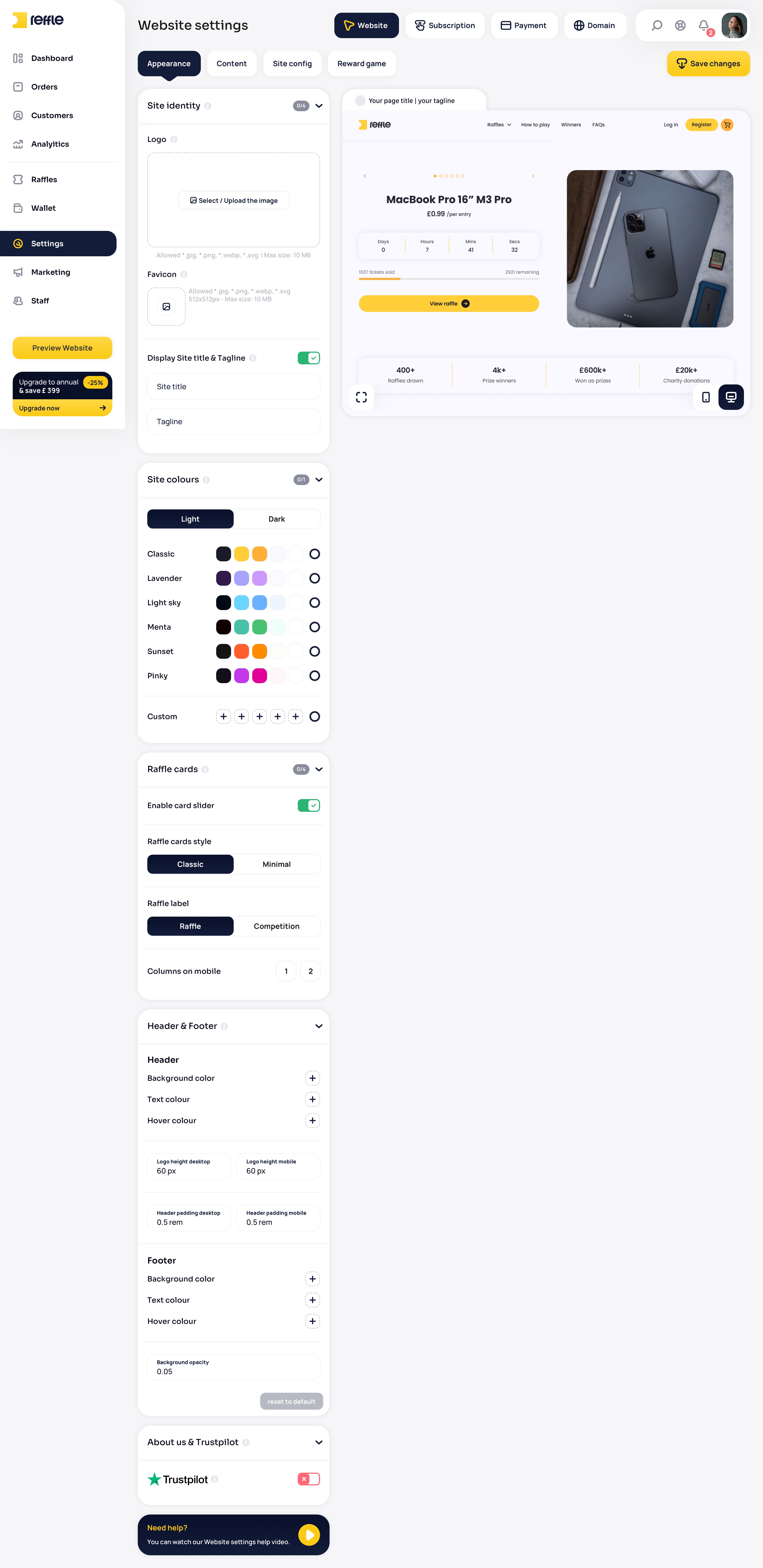 Website Settings screen 4