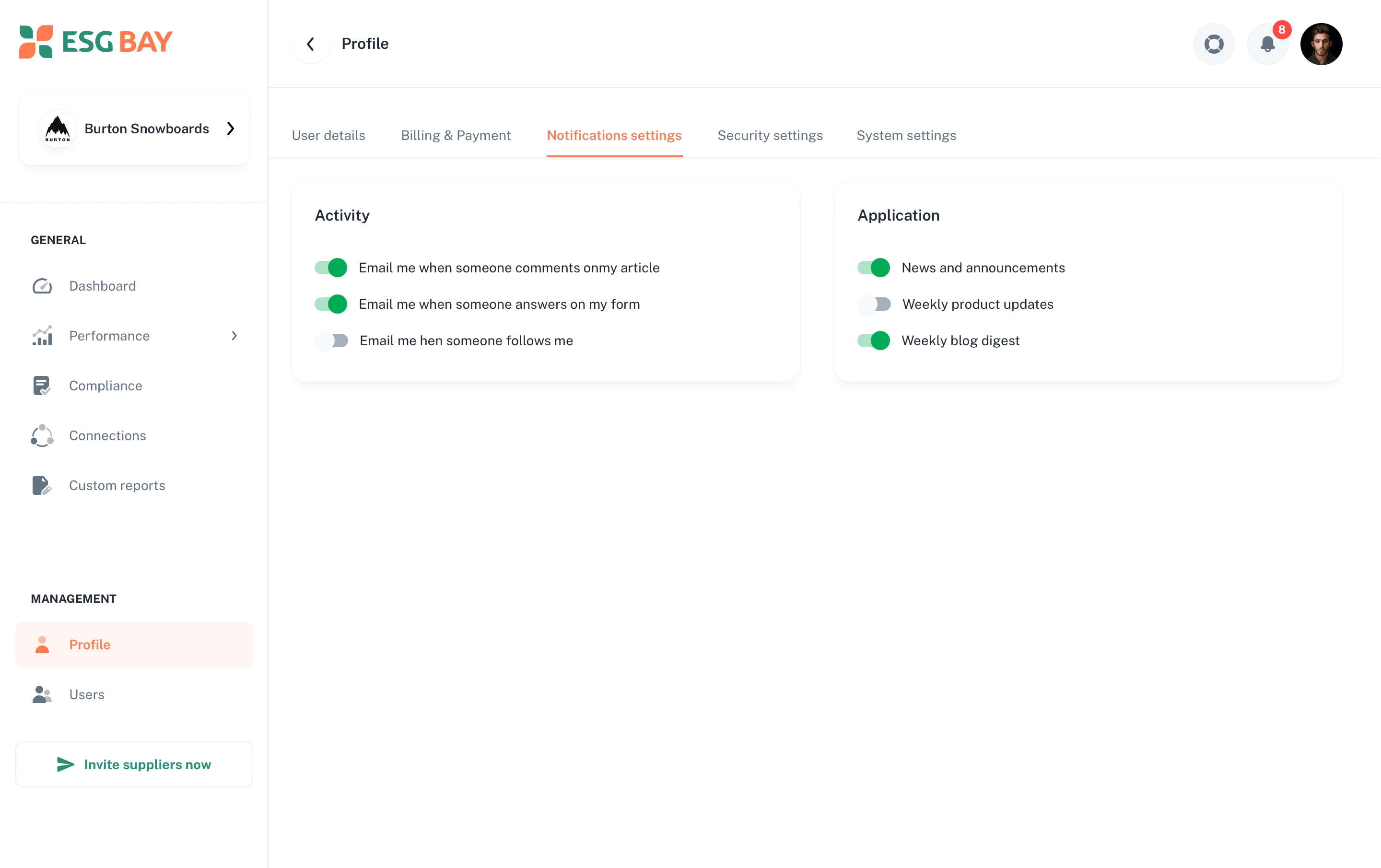 Settings screen 8